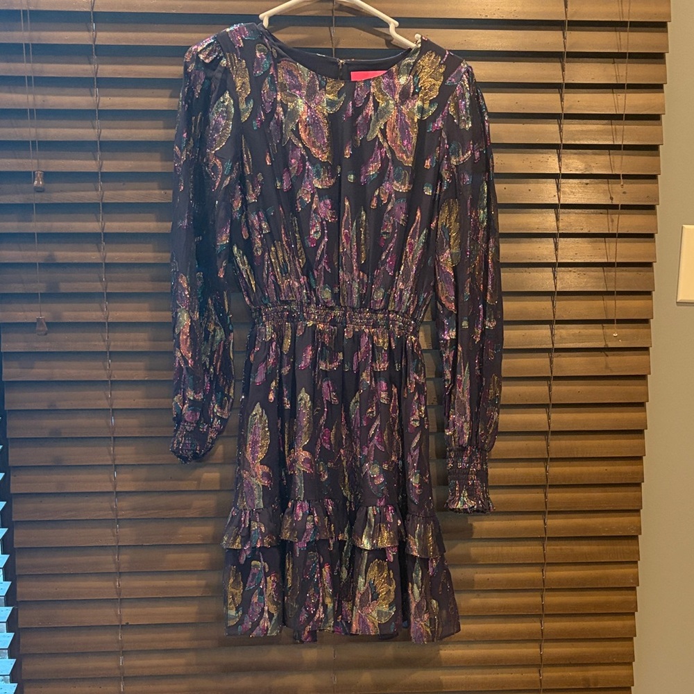 Lilly Pulitzer Black Midi Dress with Metallic Purple and Gold Leaf Print